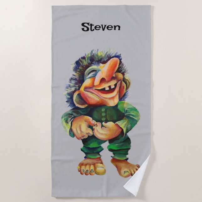 Scandinavian Funny Troll Illustration Watercolor Beach Towel (Front)
