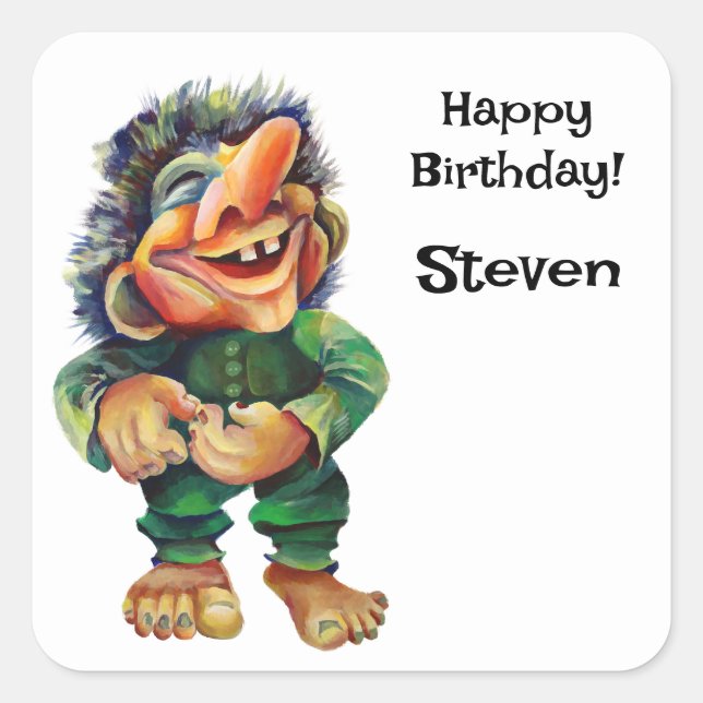 Scandinavian Funny Troll Illustration Watercolor Square Sticker (Front)