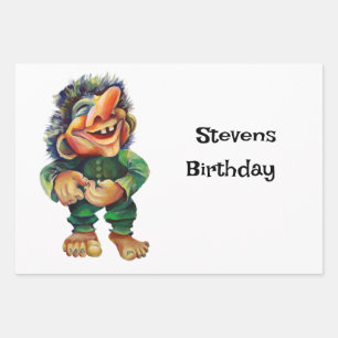 Scandinavian Funny Troll Illustration Watercolor Wrapping Paper Sheet