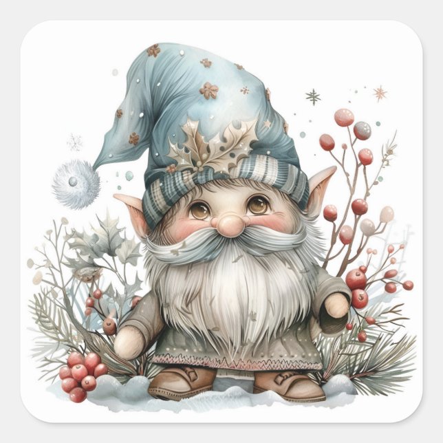 Scandinavian Gnome in Baby Blue Watercolor Square Sticker (Front)