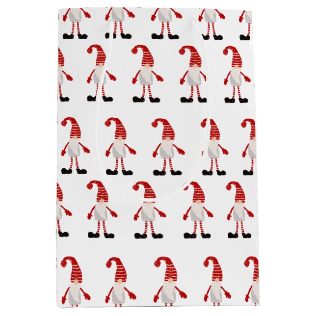 Scandinavian Gnome Red White Grey Xmas Pattern Medium Gift Bag (Front)