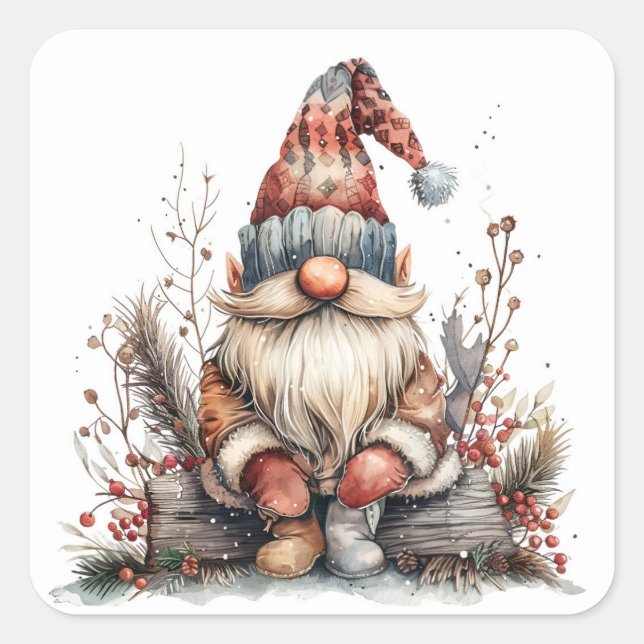 Scandinavian Gnome Sitting on a Log  Square Sticker (Front)