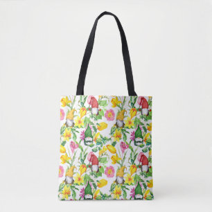 Scandinavian gnomes: spring floral watercolor. tote bag