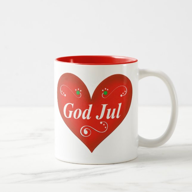 Scandinavian God Jul Christmas Heart Two-Tone Coffee Mug (Right)