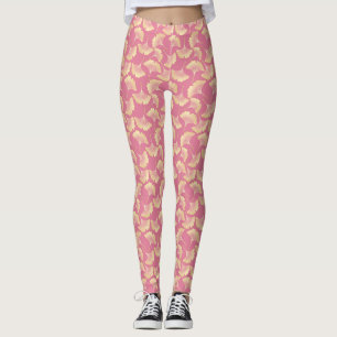 Scandinavian Gold Ginkgo Botanical Pink Pattern Leggings