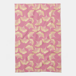 Scandinavian Gold Ginkgo Botanical Pink Pattern Tea Towel