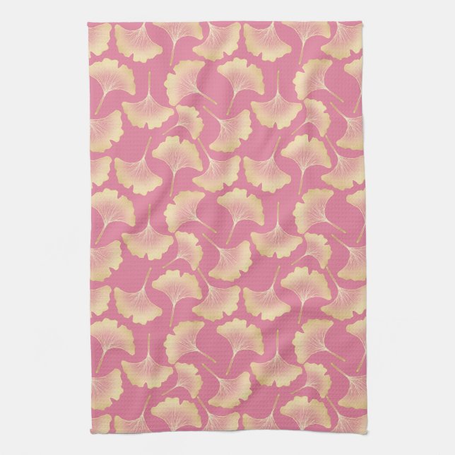Scandinavian Gold Ginkgo Botanical Pink Pattern Tea Towel (Vertical)