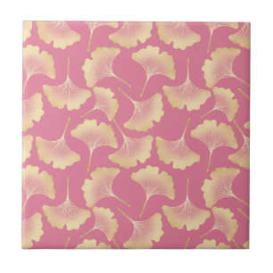 Scandinavian Gold Ginkgo Botanical Pink Pattern Tile