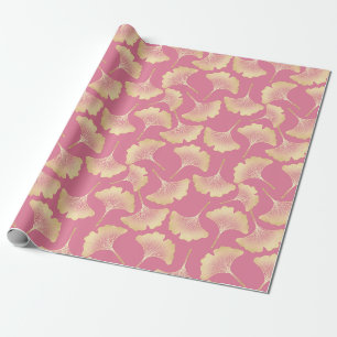 Scandinavian Gold Ginkgo Botanical Pink Pattern Wrapping Paper