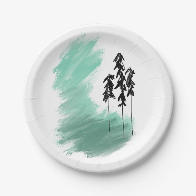 Scandinavian green tree art simple modern mint   paper plate (Front)