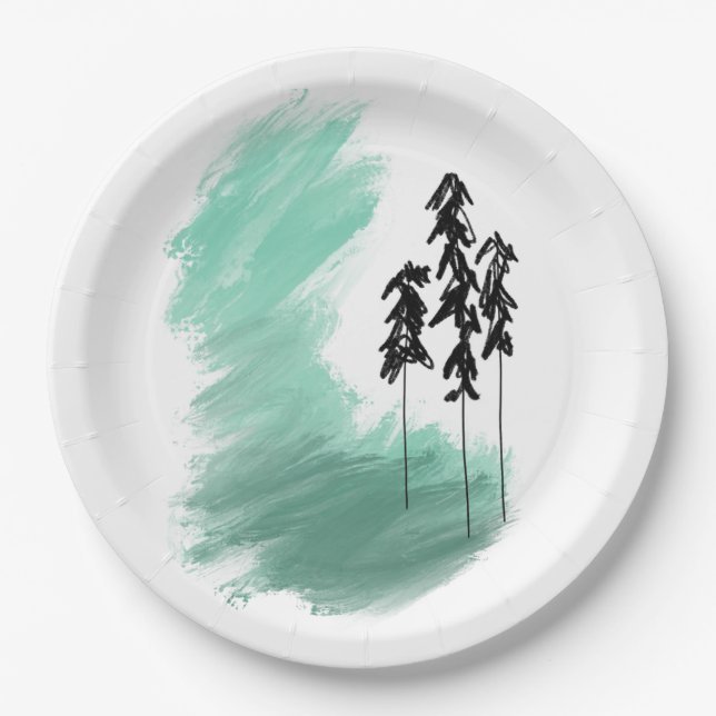 Scandinavian green tree art simple modern mint   paper plate (Front)