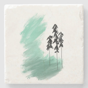 Scandinavian green tree art simple modern mint  stone coaster