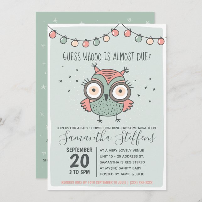 Scandinavian Green Whoo is Due Owl Baby Shower Invitation (Front/Back)