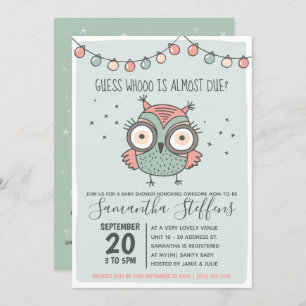 Scandinavian Green Whoo is Due Owl Baby Shower Invitation