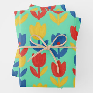 Scandinavian Hand Painted Tulip Mint Floral Wrappi Wrapping Paper Sheet