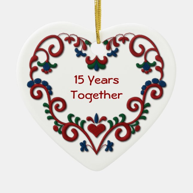 Scandinavian Heart 15 Years Together Ceramic Tree Decoration (Front)