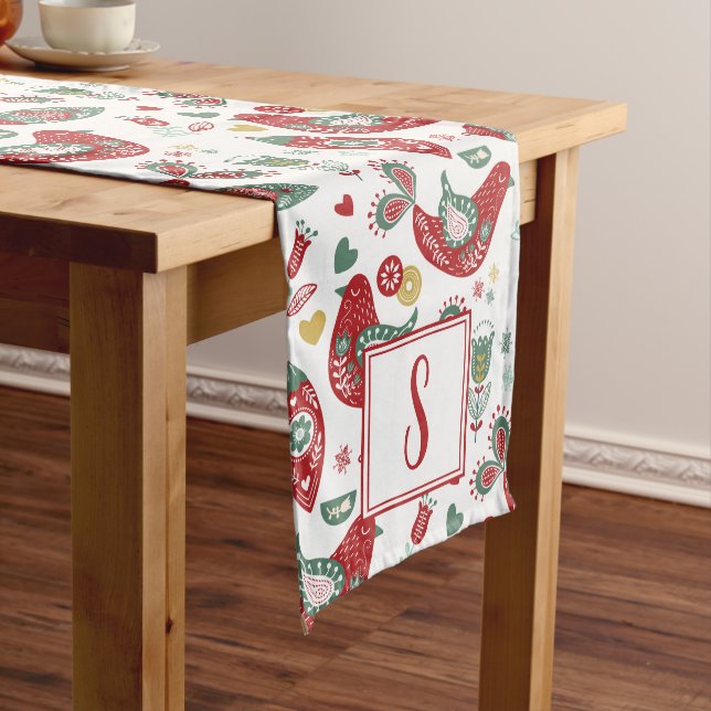 Scandinavian Holiday Birds Monogram Table Runner (In Situ)