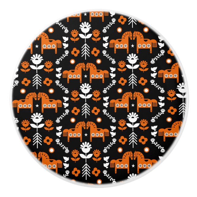 Scandinavian Horse Folk Art Ceramic Knob (Front)