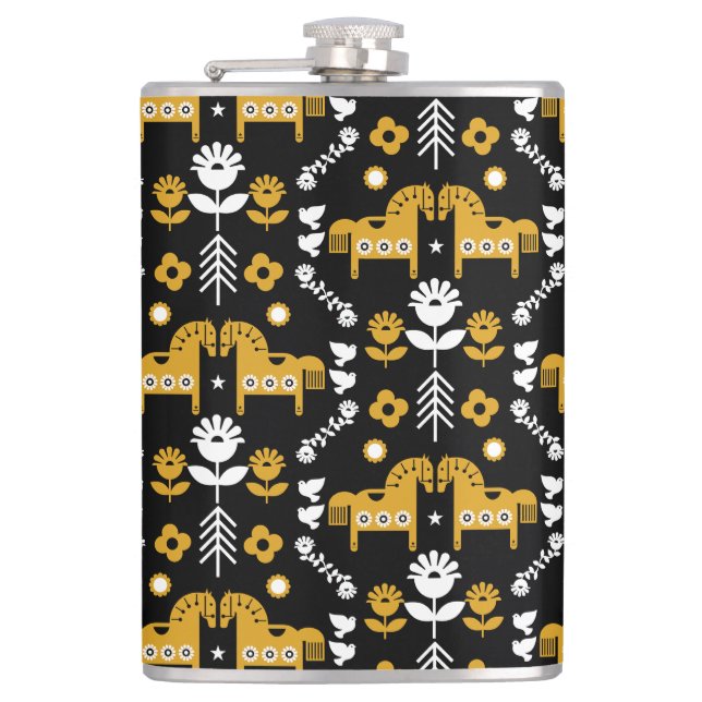 Scandinavian Horse Folk Art Hip Flask (Front)