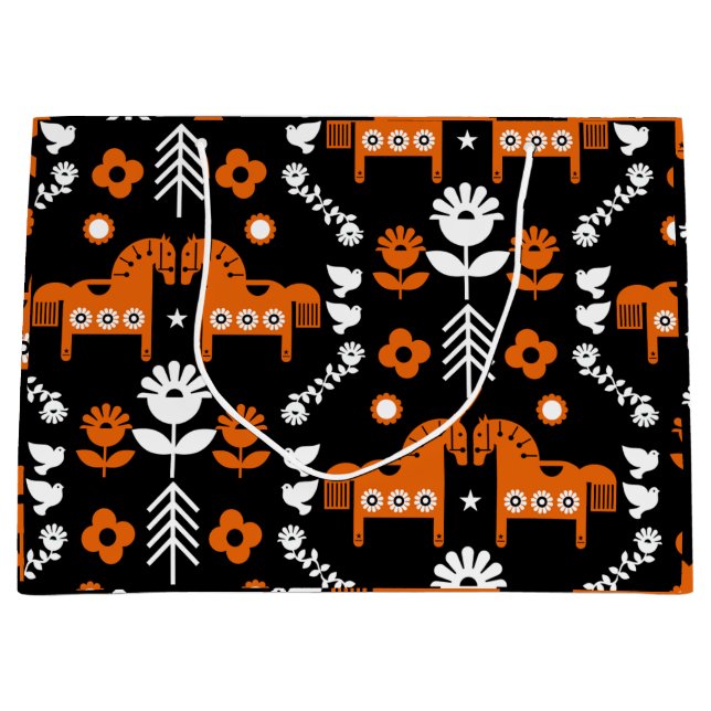 Scandinavian Horse Folk Art Large Gift Bag (Front)