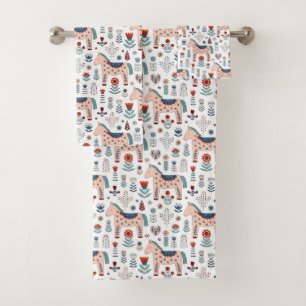 Scandinavian Horse Folk Art Pattern Bath Towel Set
