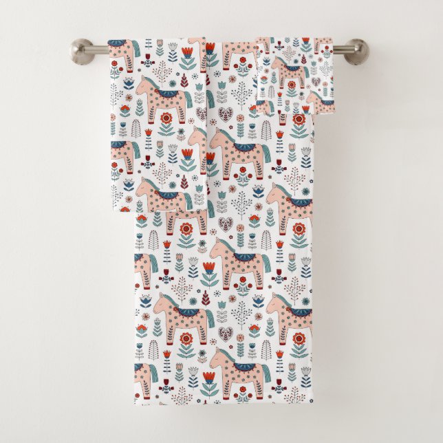 Scandinavian Horse Folk Art Pattern Bath Towel Set (Insitu)
