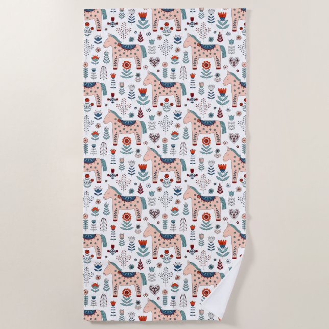 Scandinavian Horse Folk Art Pattern Beach Towel (Front)