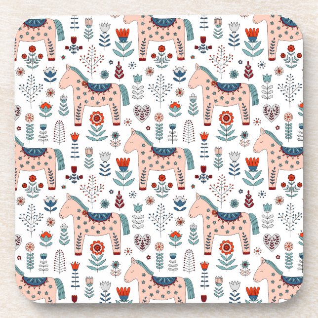 Scandinavian Horse Folk Art Pattern Coaster (Front)