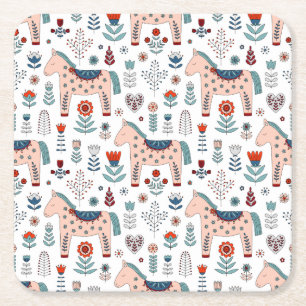 Scandinavian Horse Folk Art Pattern Square Paper Coaster