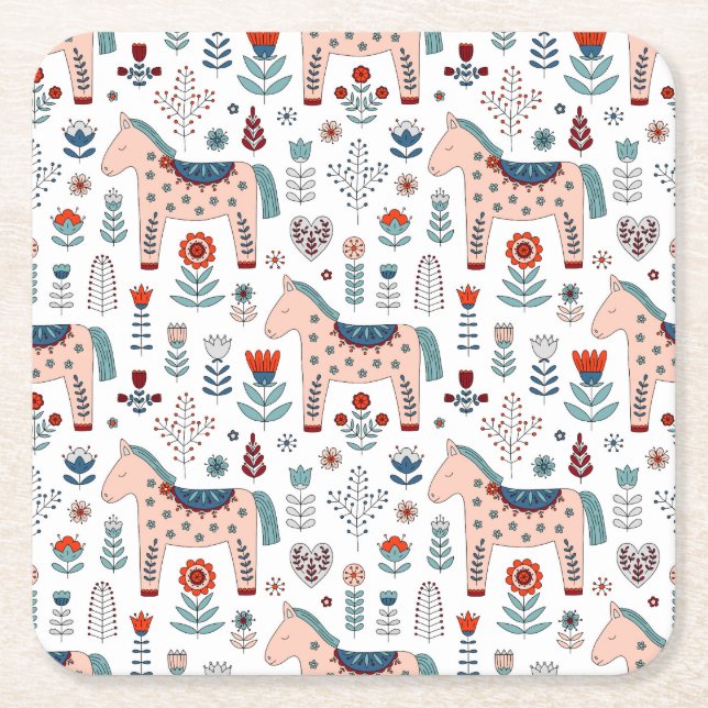 Scandinavian Horse Folk Art Pattern Square Paper Coaster (Front)