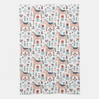 Scandinavian Horse Folk Art Pattern Tea Towel