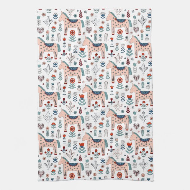 Scandinavian Horse Folk Art Pattern Tea Towel (Vertical)