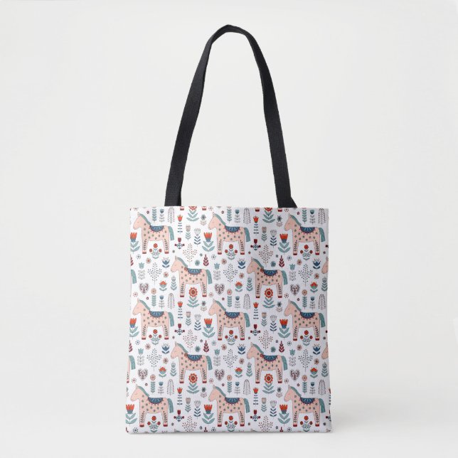 Scandinavian Horse Folk Art Pattern Tote Bag (Front)