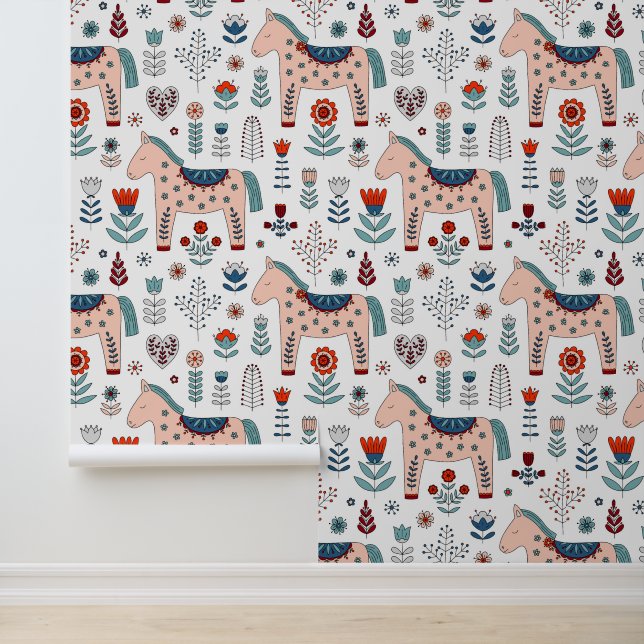 Scandinavian Horse Folk Art Pattern Wallpaper (Application)