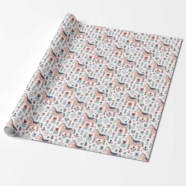 Scandinavian Horse Folk Art Pattern Wrapping Paper (Unrolled)