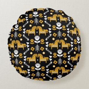 Scandinavian Horse Folk Art Round Cushion