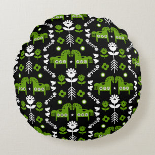 Scandinavian Horse Folk Art Round Cushion