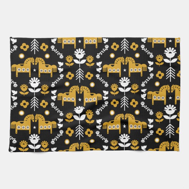 Scandinavian Horse Folk Art Tea Towel (Horizontal)