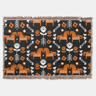 Scandinavian Horse Folk Art Throw Blanket