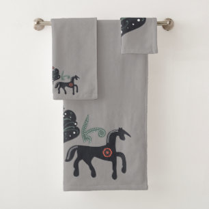 Scandinavian Horse Pattern Grey  Bath Towel Set