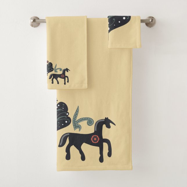 Scandinavian Horse Pattern Yellow Bath Towel Set (Insitu)