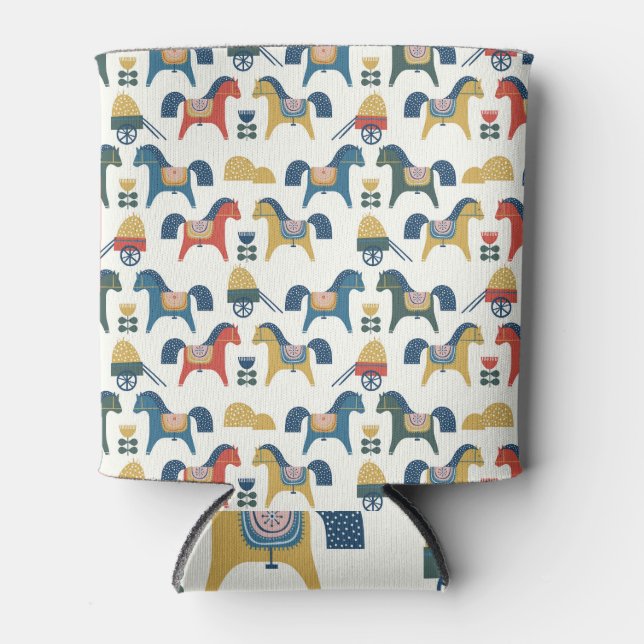 Scandinavian Horses: Colourful Folk Art Can Cooler (Front)