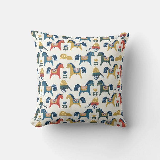 Scandinavian Horses: Colourful Folk Art Cushion (Front)