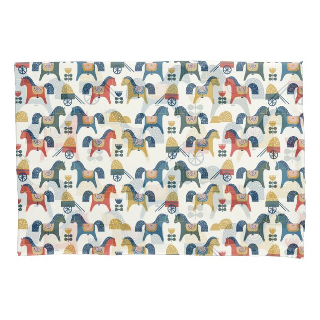 Scandinavian Horses: Colourful Folk Art Pillowcase (Front)