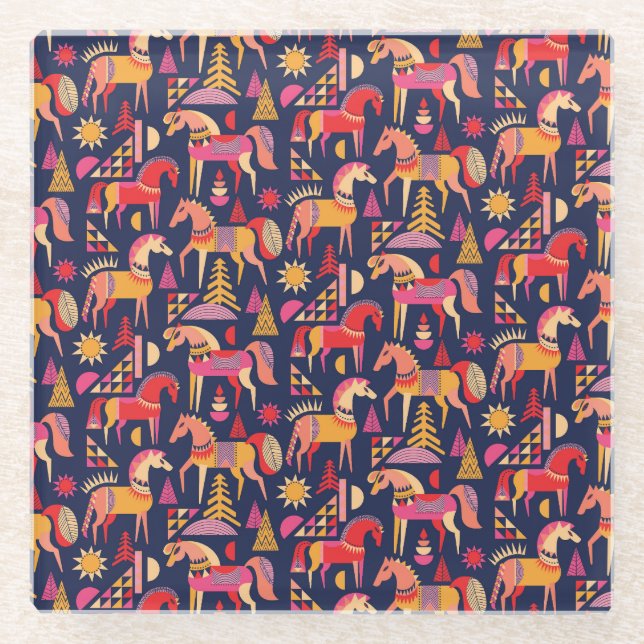 Scandinavian Horses: Decorative Seamless Design Glass Coaster (Front)