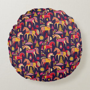 Scandinavian Horses: Decorative Seamless Design Round Cushion