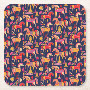Scandinavian Horses: Decorative Seamless Design Square Paper Coaster
