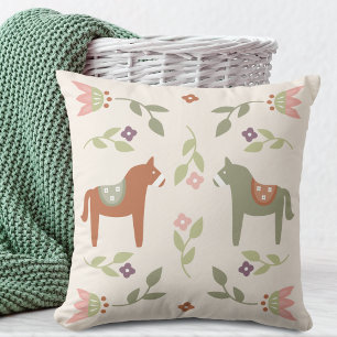 Scandinavian Horses Floral Pattern Throw Pillow