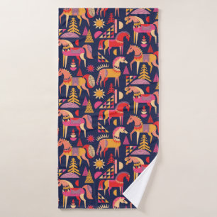 Scandinavian horses pattern seamless design. Decor Bath Towel