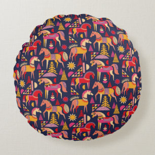 Scandinavian horses pattern seamless design. Decor Round Cushion